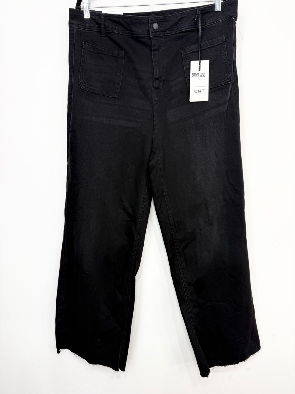 Oat Black High Rise Wide Leg Fray Cuff Patch Pocket Cotton Denim Jeans NEW